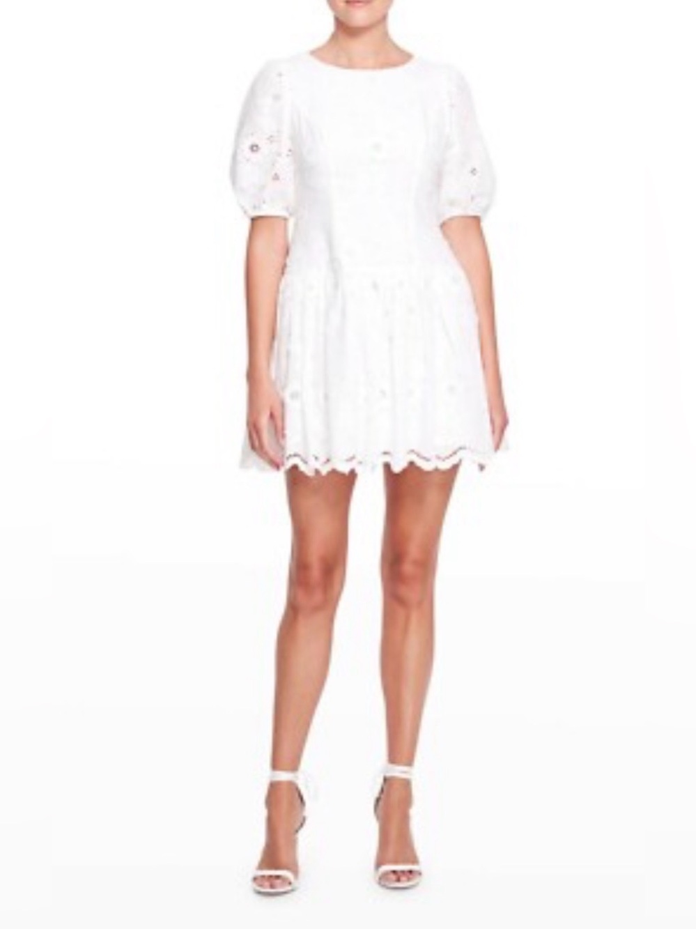 White Eyelet Puff-Sleeve Mini Dress with Scalloped Hem